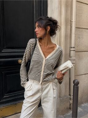 Striped Boucle Black & Cream Cardigan Sweater L Neutral Minimalist Preppy